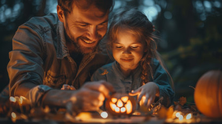 Halloween, the spookiest day of the year. A family gathered around a table, their faces lit with concentration as they carefully carve pumpkins into intricate jack-o'-lanterns.の素材