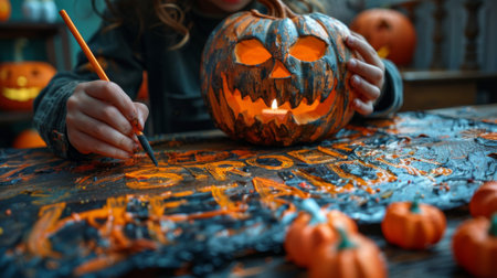 Halloween, the spookiest day of the year. A close-up shot of a child's hands carefully drawing a spooky Halloween message on a piece of paper, to be hung on their front door.の素材