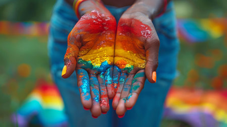 Pride Month. A close-up shot of an LGBTQIA person's hands holding a Pride flag or wearing an LGBTQIA symbol, their gesture demonstrating their pride and belonging to the community.の素材