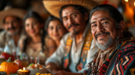 Hispanic Heritage Month. A warm and inviting scene of a Hispanic family gathered around a table for a traditional meal, their faces reflecting the joy of togetherness and shared heritageの素材