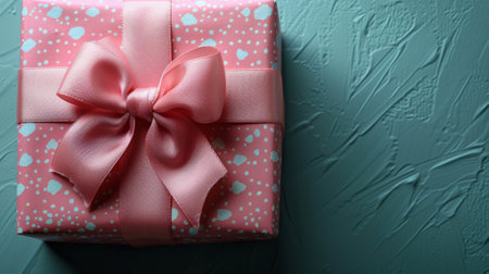 Happy birthday. Pink gift box with ribbon on blue background, top view, concept for Happy Mother's Day or Women's Day greeting card. cinematic lighting.の素材