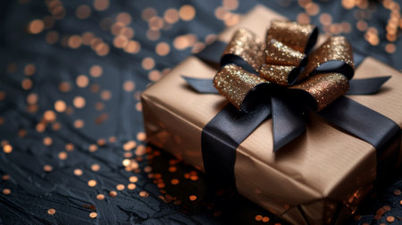 Happy birthday. Golden gift box with ribbon on black background, top view, concept for BirthDay or Women's Day greeting card. High quality photographyの素材