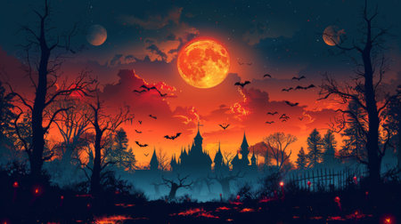 Halloween, the spookiest day of the year. A grand and imposing haunted mansion, its silhouette looming against a moonlit sky, its windows glowing with an eerie light.の素材