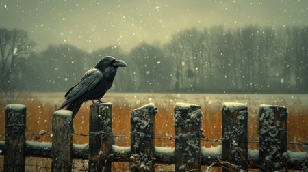 A raven sits on a fence on a gloomy winter day against a stormy sky. Countryside, fields, forest on the horizon. mystical forest. gothic aesthetic.の素材