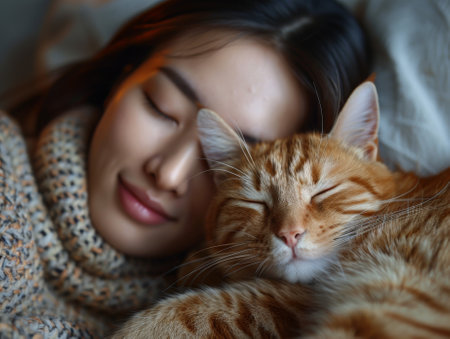 Young woman wears warm sweater resting with tabby cat on sofa at home one autumn day. Morning sleep time at home.の素材