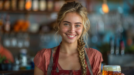 Oktoberfest. beautiful woman in style of an classic German pubgirl serving beer in festival background. She is smiling, holding stein of light orange amber beer.の素材