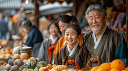 Chuseok Festival. A serene and reverent ambiance fills the air as families gather to honor their ancestors, celebrate the bountiful harvest, and express gratitude for blessings received.の素材