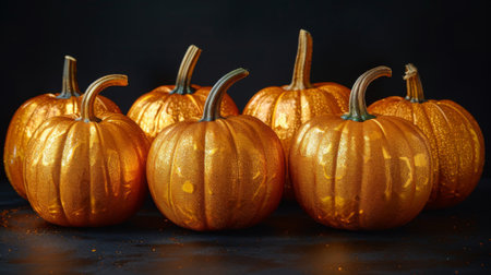 Halloween, the spookiest day of the year. Halloween golden metalic pumpkins in a row isolated on a black background with copy space, a minimal concept of a Halloween celebration in the style of hallowen.の素材