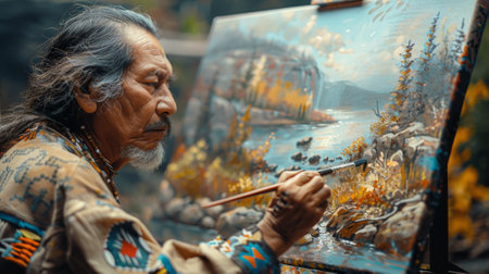 Native American Heritage Month. A Native American artist painting a traditional landscape, their brushstrokes capturing the sacred beauty of their ancestral landsの素材