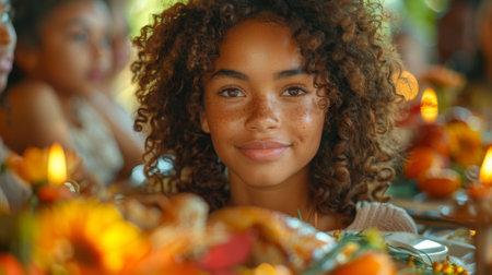 Thanksgiving and Harvest Festival. A close-up shot of a family gathering around a table for a Thanksgiving prayer, their expressions filled with gratitude and reverence.の素材