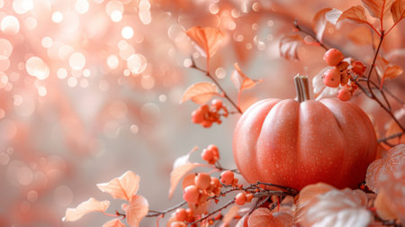 Thanksgiving and Harvest Festival. A soft, pastel beige colored background with delicate pumpkins and autumn leaves in the foreground, creating an elegant atmosphere for a wedding event.の素材