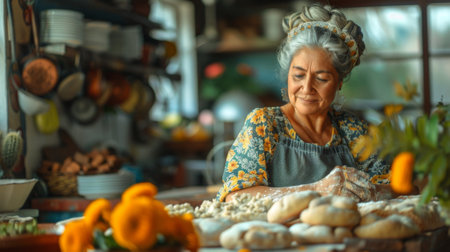 Dia de los Muertos, Mexican holiday. woman's kitchen filled with the warm aroma of freshly baked pan de muerto, its sweet and savory flavors symbolizing the cycle of life and death.の素材