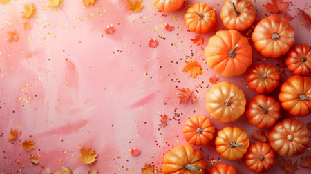Thanksgiving and Harvest Festival. minimalist flat lay of gold pumpkins and confetti on a pastel pink background, creating an elegant autumn-themed composition with space for text or product display.の素材