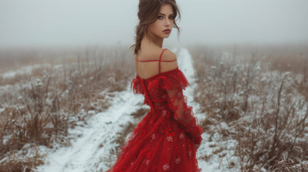 Autumn or fall season. A beautiful young woman poses in a long autumn red dress in winter day, elegance and style. foggy background -の素材