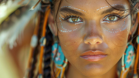 Native American Heritage Month. A close-up shot of a powwow dancer's face, their expression filled with pride and reverence as they honor their ancestors and traditions.の素材