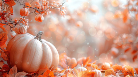 Thanksgiving and Harvest Festival. A soft, pastel beige colored background with delicate pumpkins and autumn leaves in the foreground, creating an elegant atmosphere for a wedding event.の素材