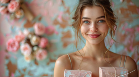 Happy birthday. Happy woman holding gift boxes isolated on pink background, dressed in white dress, standing over pastel colored wall, presenting gifts for birthday or Valentine's day celebrationの素材