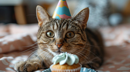 Happy birthday. photograph of Scottish Fold cat wearing birthday hat, cupcake and blue clouds on pink background, cute animal print style in the background, playful mood,の素材