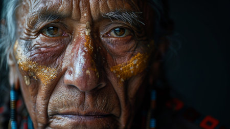 Indigenous Peoples Day. A portrait of a wise Indigenous elder, their face etched with the stories and wisdom of their ancestors.の素材
