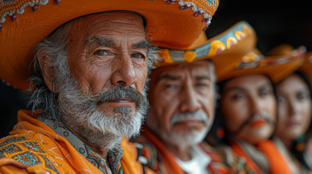 Hispanic Heritage Month . a group of mexican men and women posing for the camera, wearing traditional in orange color with black background, all looking at front camera, warm colors, photorealisticの素材