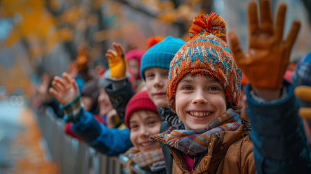 Thanksgiving and Harvest Festival. capture of enthusiastic spectators cheering and waving their hands as Thanksgiving parade passes by, expressions reflecting excitement and camaraderie of event.の素材
