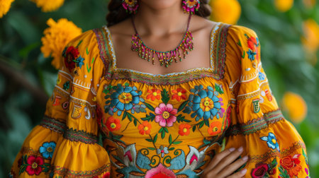 Dia de los Muerto. woman carefully selecting a traditional catrina dress from her closet, its vibrant colors and intricate embroidery reflecting the elegance and cultural significance of this attire.の素材