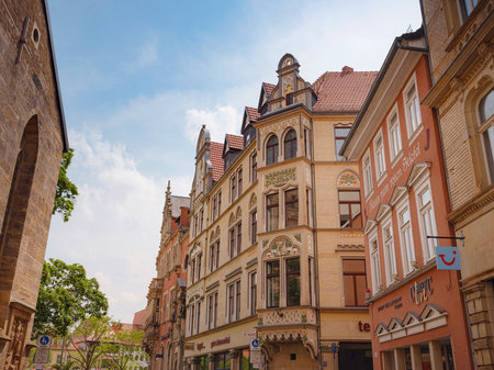 Erfurt, Germany - May 21, 2023: facades of buildings in city center, historical heritage.のeditorial素材