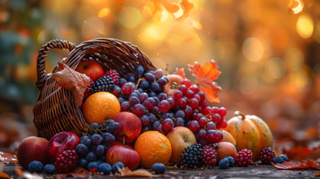 Thanksgiving and Harvest Festival. A rustic wooden table adorned with a cornucopia overflowing with autumnal fruits and vegetables, symbolizing the abundance and blessings associated with Thanksgivingの素材