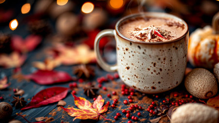 Autumn or fall season. The Warmth of Autumnal Hues . A close-up shot of a steaming cup of hot chocolate, surrounded by autumnal objects like acorns, pumpkins, and colorful leaves.の素材