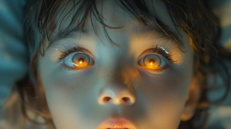 Halloween, the spookiest day of the year. A close-up shot of a childs eyes wide with wonder as they listen to a Halloween tale, their imagination ignited by the spooky narrative.の素材