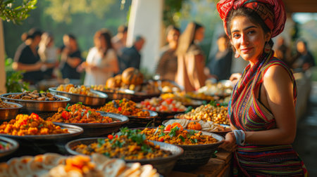 Thanksgiving and Harvest Festival. A multicultural Thanksgiving celebration, featuring dishes and traditions from different cultures, showcasing the diversity of Thanksgiving celebrations worldwide.の素材