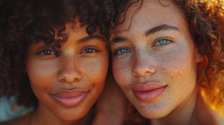 Pride Month . A close-up shot of two LGBTQIA friends sharing a heartfelt moment, their bond and understanding evident in their expressions.の素材