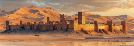 old Arab fortified city. in the background, a sandy desert with dunes rises above itの素材