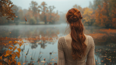 Autumn or fall season. woman in an elegant dress stands by lake, her hair flowing and leaves gently falling around her as she gazes out at natures beauty. soft color palette of light pink, beigeの素材