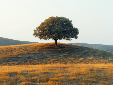 Alone tree on hill in different season, minimalistic photograph .の素材