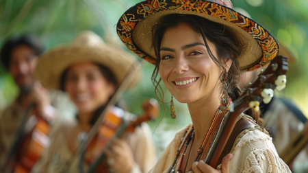 Hispanic Heritage Month . A scene of a Hispanic music ensemble performing traditional music, their instruments and melodies filling the air with the rhythm and soul of Hispanic culture.の素材