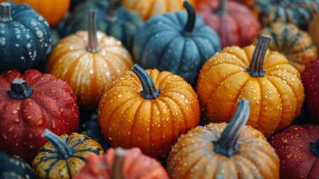 Thanksgiving and Harvest Festival. variety of pumpkins, their vibrant colors and textures ranging from smooth orange to warty green, representing the diversity of natures gifts.の素材