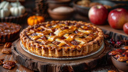 Thanksgiving and Harvest Festival. rustic wooden table adorned with variety of Thanksgiving desserts, including pumpkin pie, pecan pie, apple pie, cranberry tartの素材