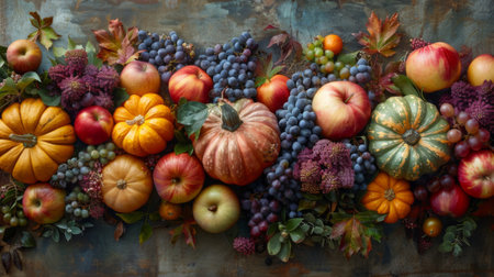 Autumn or fall season. The Bounty of Nature's Harvest. rustic table overflowing with autumnal produce plump pumpkins, ripe apples, and squash symbolizing abundance and generosity of natureの素材