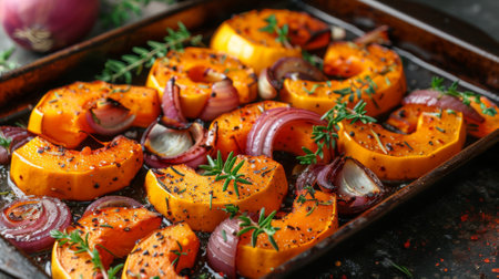 Autumn or fall season. Roasted Squash Slices with Red Onionsの素材