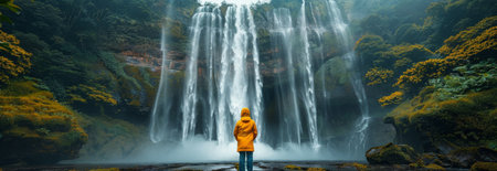 Beautiful waterfall in Iceland waterfall, a man standing under the majestic waterfall. A sense of scale and size is conveyed. A low angle shot was takenの素材