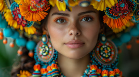 Hispanic Heritage Month. A close-up shot of a Hispanic person wearing traditional clothing or jewelry, their attire symbolizing their connection to their heritage and cultural identity.の素材