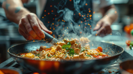Hispanic Heritage Month. A close-up shot of a Hispanic chef creating a unique and innovative dish, blending traditional flavors with modern culinary techniques.の素材