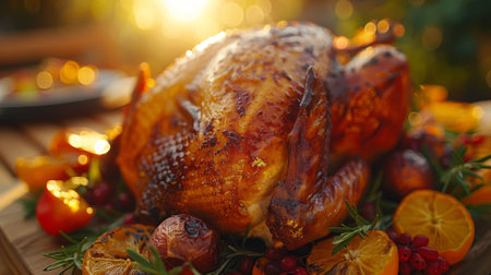 Thanksgiving and Harvest Festival. A perfectly roasted turkey, its golden skin glistening under the warm light, symbolizing the abundance and gratitude associated with Thanksgivingの素材