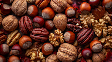 Thanksgiving and Harvest Festival. A close-up shot of a variety of nuts, including walnuts, pecans, and hazelnuts, their textures and colors reflecting the richness of the harvest season.の素材
