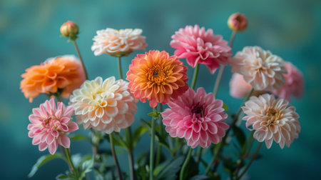 Autumn or fall season. A bouquet of flowers pink, orange, and white. The flowers are arranged in a vase and are placed on a green backgroundの素材
