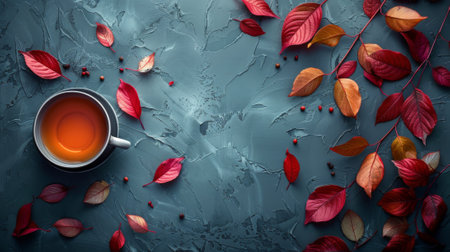 Autumn or fall season. Autumn background with cup of tea and red leaves on dark background.の素材