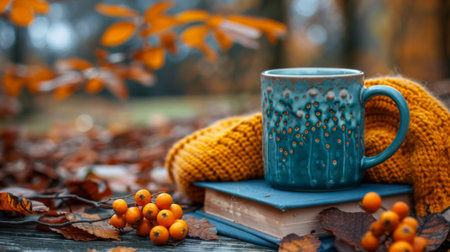 Autumn or fall season. Seasonal composition in the park in dry autumn foliage. A colorful knitted scarf, a cup of hot coffee in a sweater and an old book. Sea buckthorn twig, warm tonedの素材