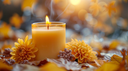 Autumn or fall season. A vanilla scented candle is being burned on a beige background, creating a cozy and warm autumn atmosphere with dried leaves and flowers.の素材