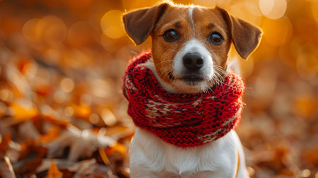 Autumn or fall season. Cute pet Jack Russell Terrier in beautiful autumn leaves. romantic autumn mood. dog accessories, red bandana, scarfの素材